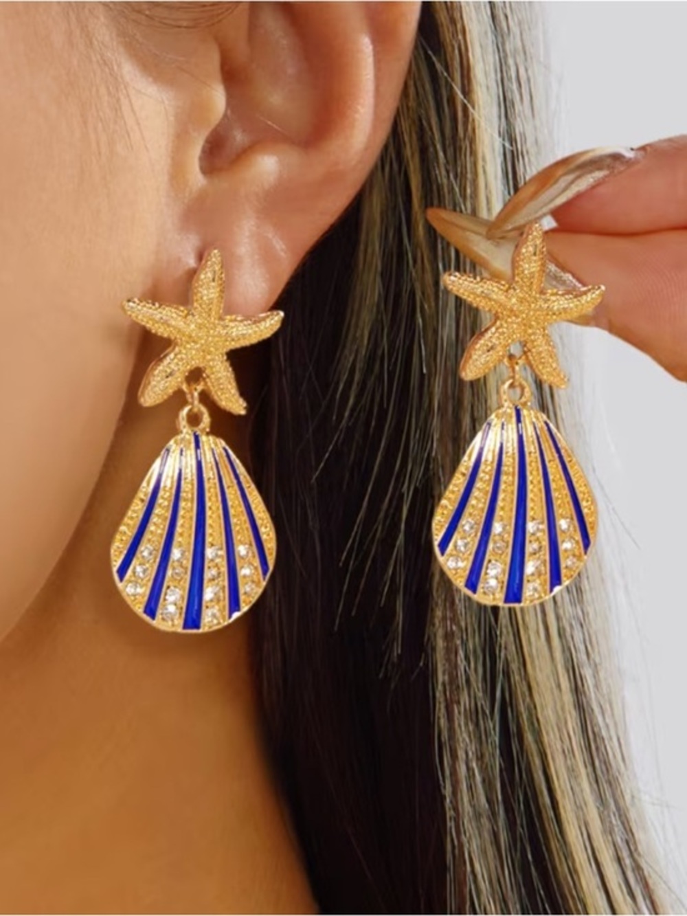 Gold Starfish Drop Earrings with Blue Enamel Shells